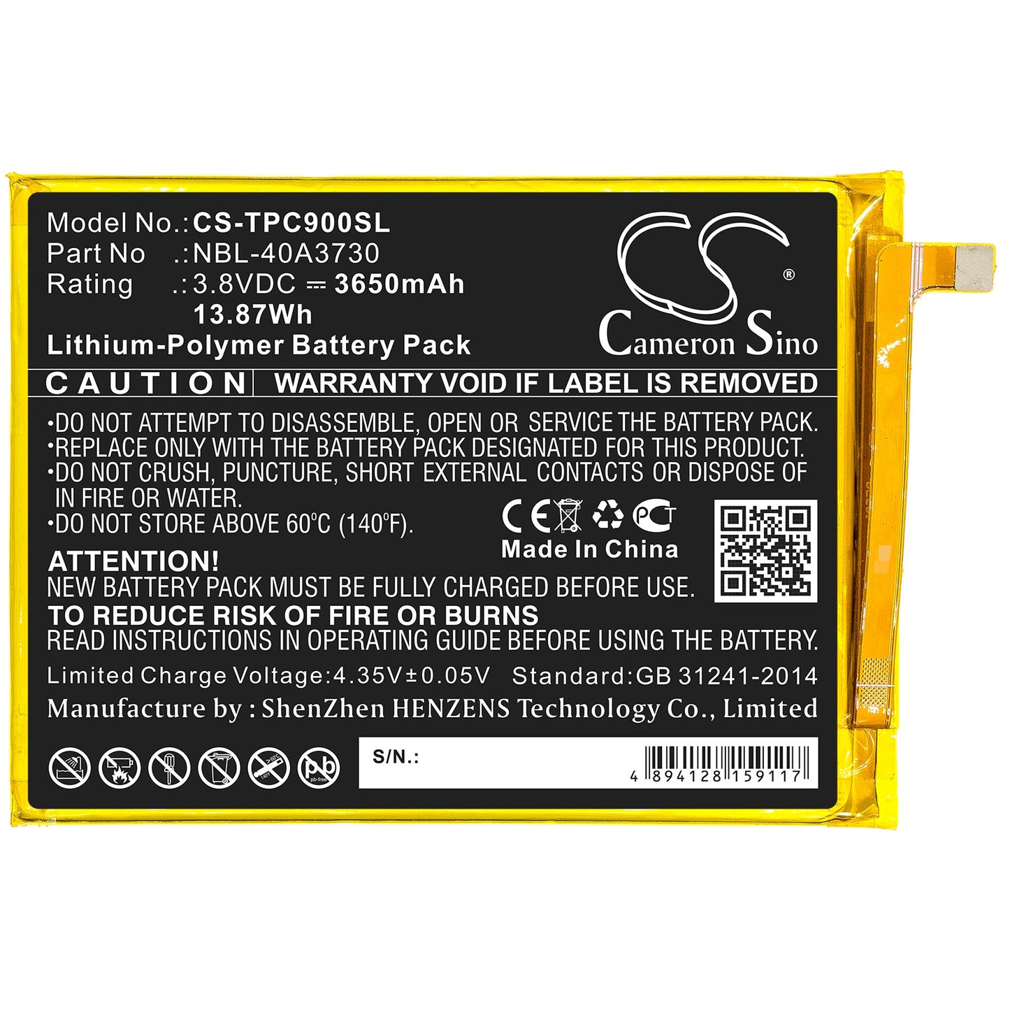 Replacement Battery for Neffos  C9 – Mobile, SmartPhone – 3650mAh / 13.87Wh / 3.8V