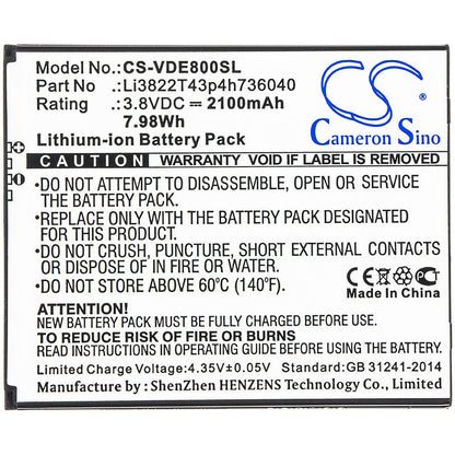 Replacement Battery for Vodafone  Smart E8 – Mobile, SmartPhone – 2100mAh / 7.98Wh / 3.8V