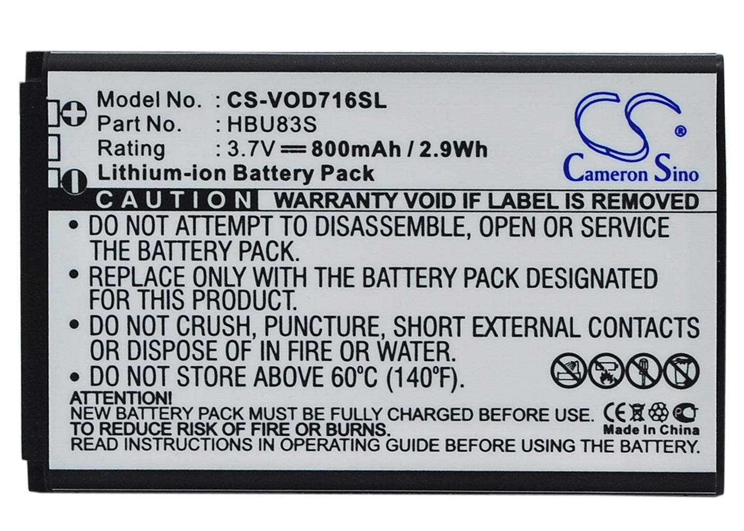 Replacement Battery for Vodafone  715 – Mobile, SmartPhone – 800mAh / 2.96Wh / 3.7V