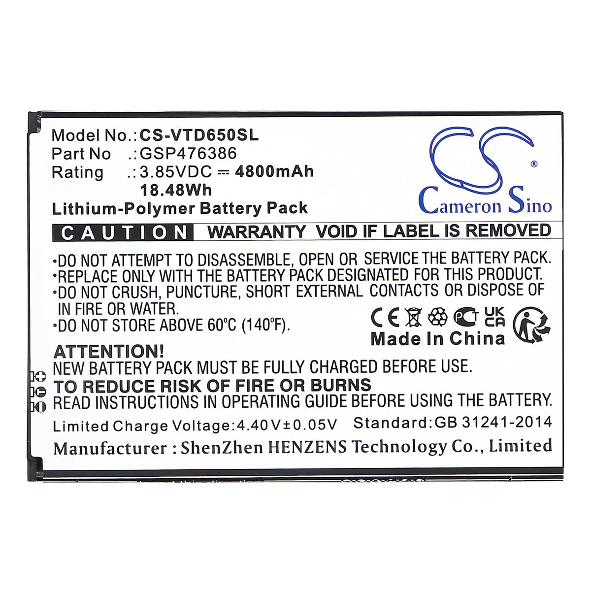 Replacement Battery for Vortex HD65Plus – Mobile, SmartPhone – 4800mAh / 3.85V