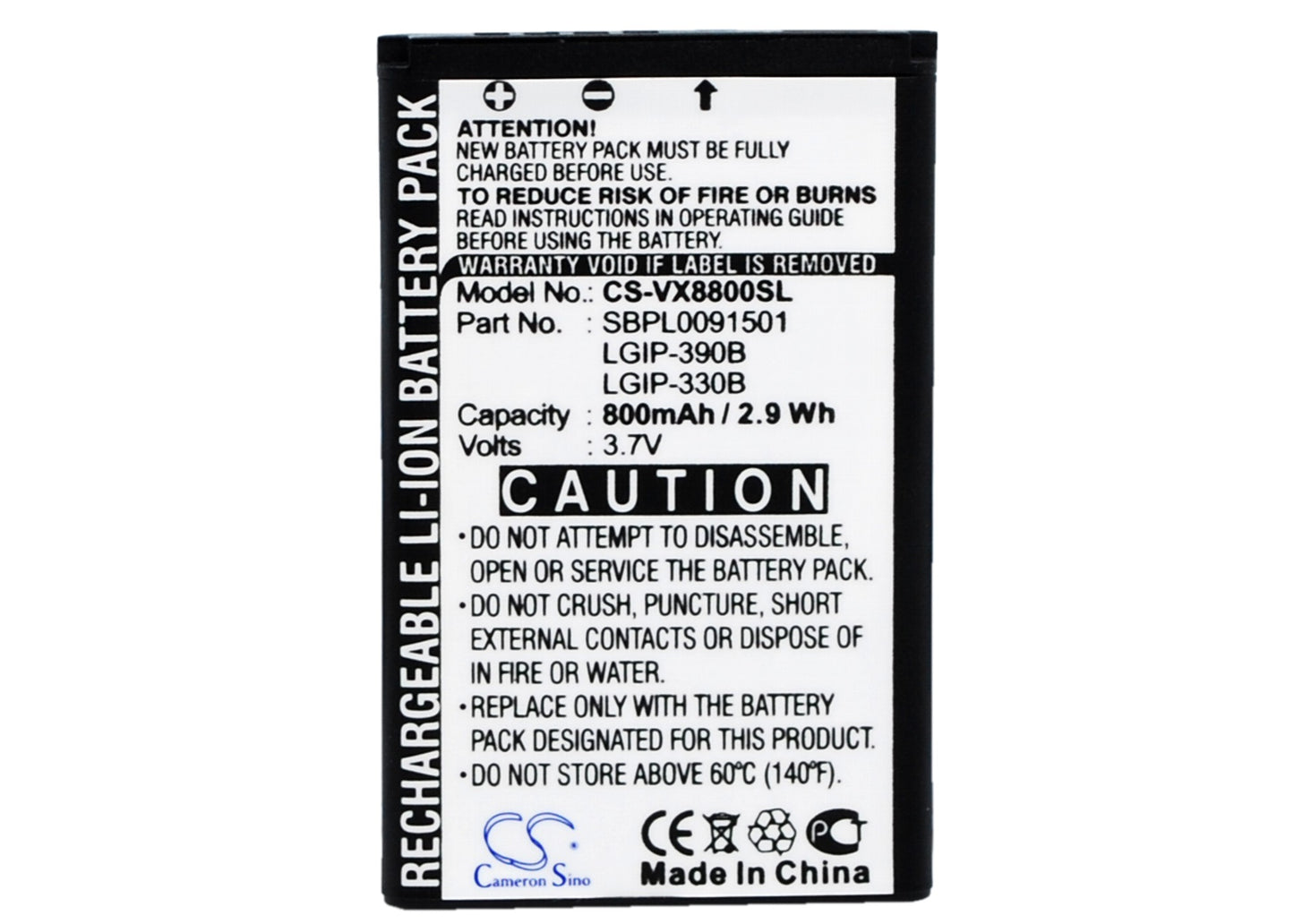Replacement Battery for LG VX8800 – Mobile, SmartPhone – 800mAh / 3.7V - image 1