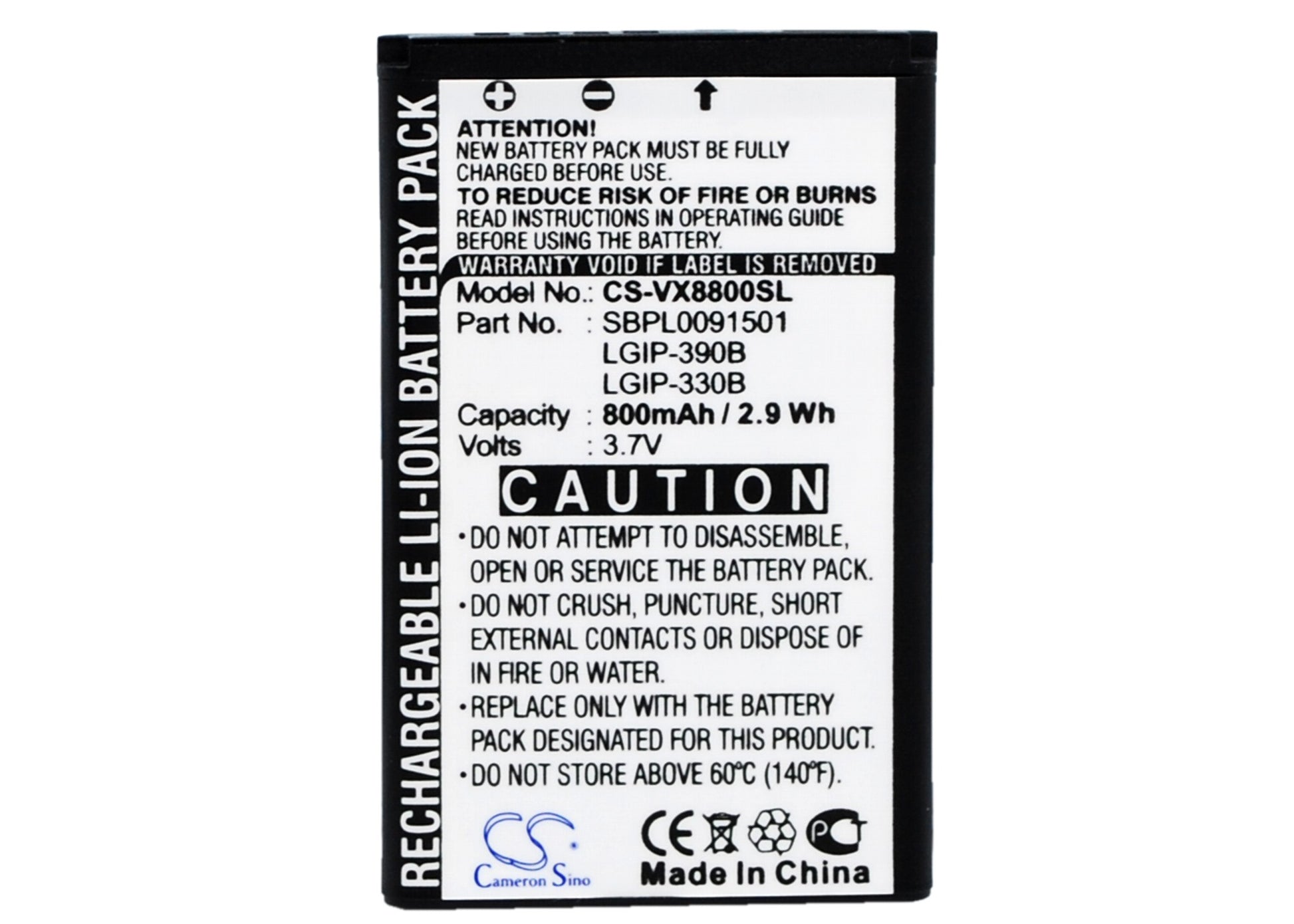 Replacement Battery for LG VX8800 – Mobile, SmartPhone – 800mAh / 3.7V - image 1