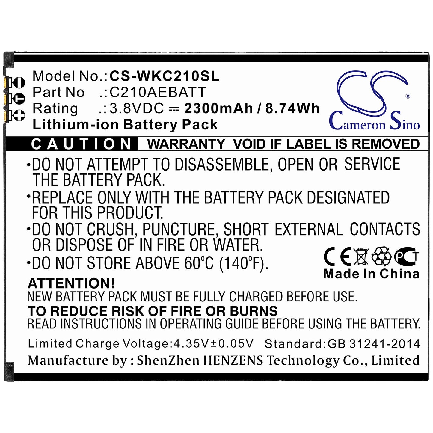 Replacement Battery for Wiko  C210 – Mobile, SmartPhone – 2300mAh / 8.74Wh / 3.8V
