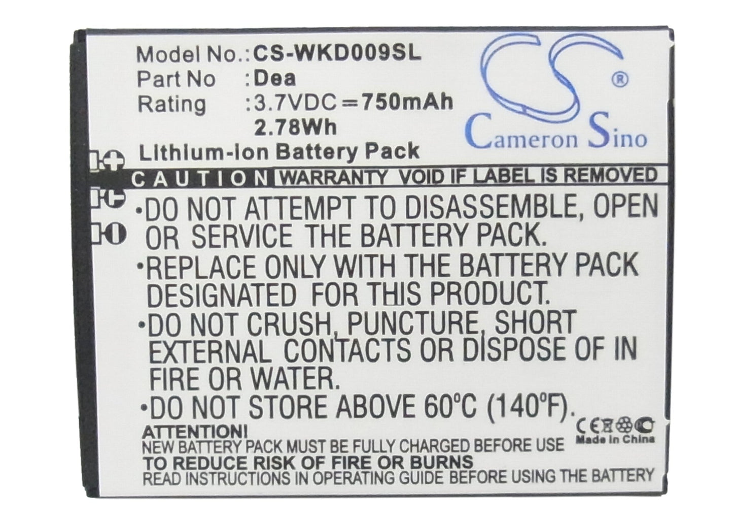 Replacement Battery for Wiko  DEA – Mobile, SmartPhone – 750mAh / 2.78Wh / 3.7V