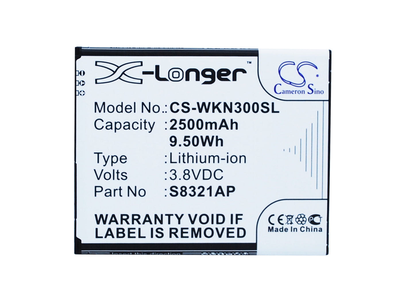 Replacement Battery for Wiko  N300 – Mobile, SmartPhone – 2500mAh / 9.50Wh / 3.8V