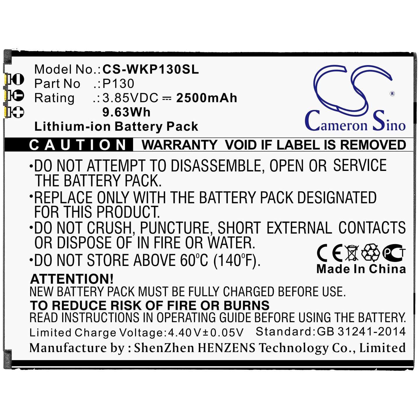 Replacement Battery for Wiko  P130 – Mobile, SmartPhone – 2500mAh / 9.63Wh / 3.85V