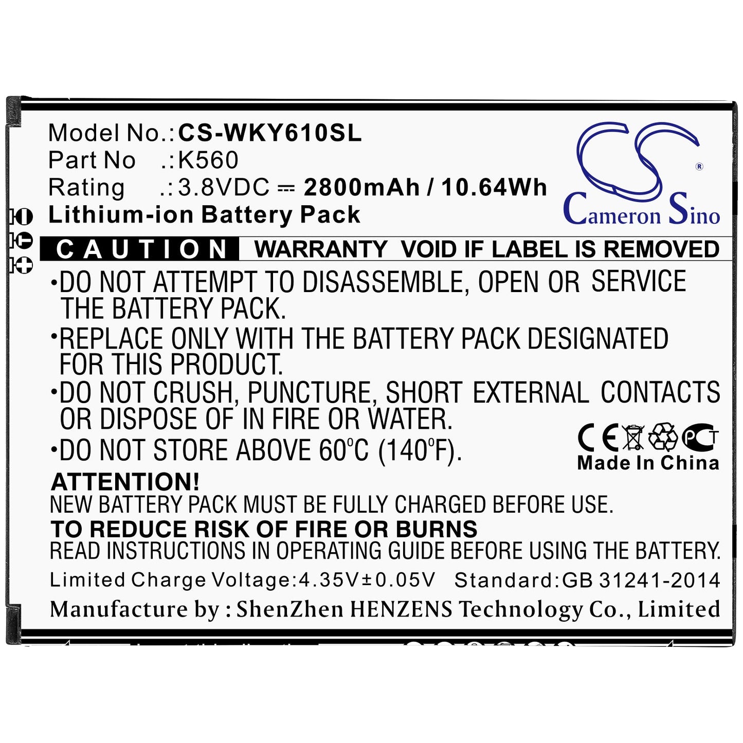 Replacement Battery for Wiko  W-K560 – Mobile, SmartPhone – 2800mAh / 10.64Wh / 3.8V