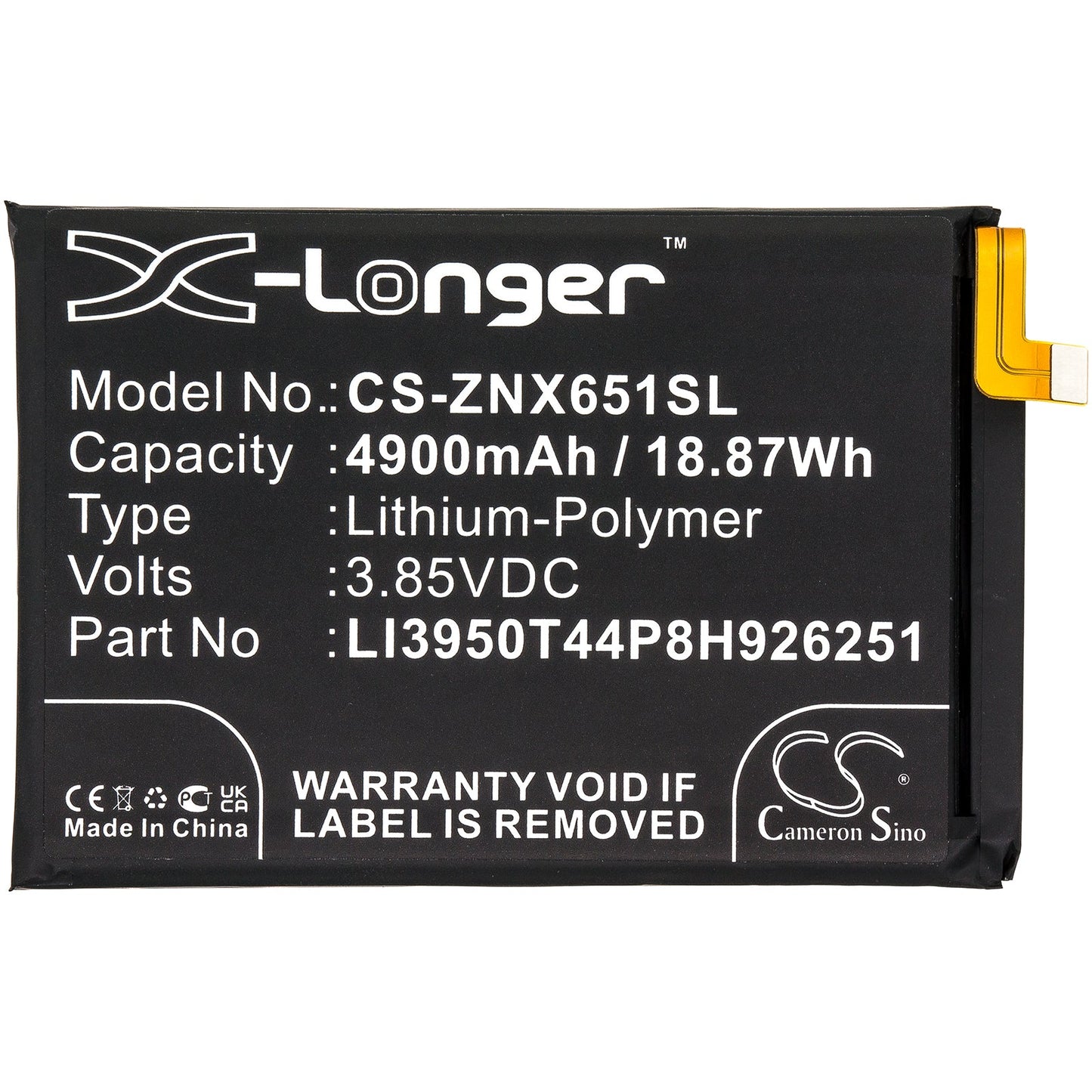 Replacement Battery for ZTE  Nubia Play – Mobile, SmartPhone – 4900mAh / 18.87Wh / 3.85V