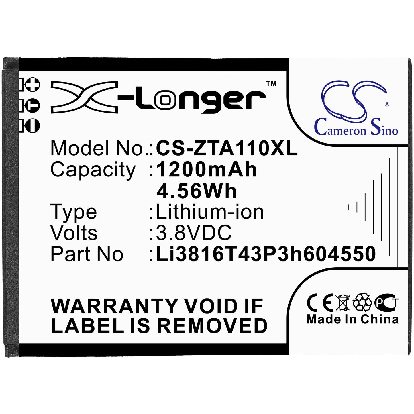 Replacement Battery for ZTE  Blade A110 – Mobile, SmartPhone – 1200mAh / 4.56Wh / 3.8V