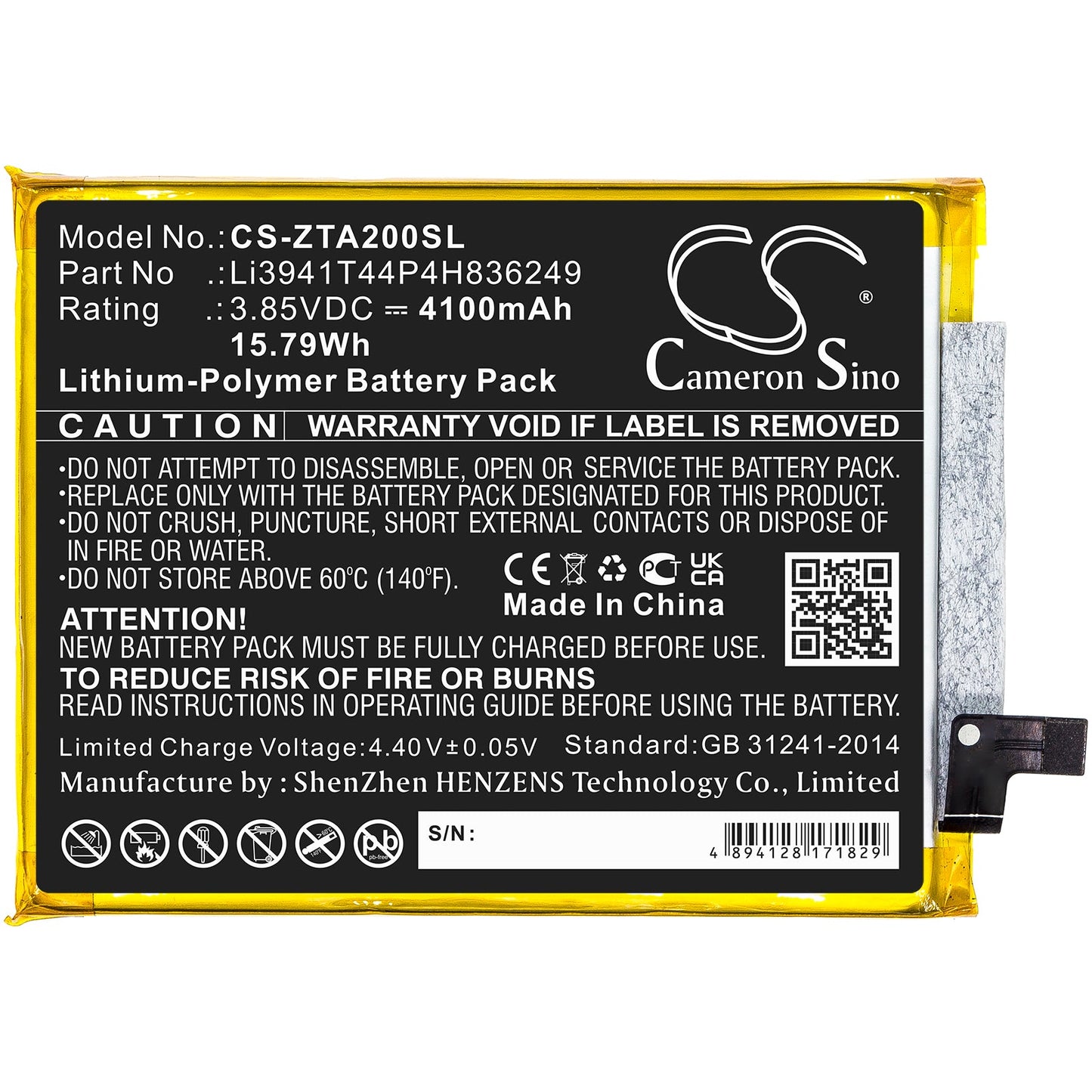 Replacement Battery for ZTE  A2121 – Mobile, SmartPhone – 4100mAh / 15.79Wh / 3.85V