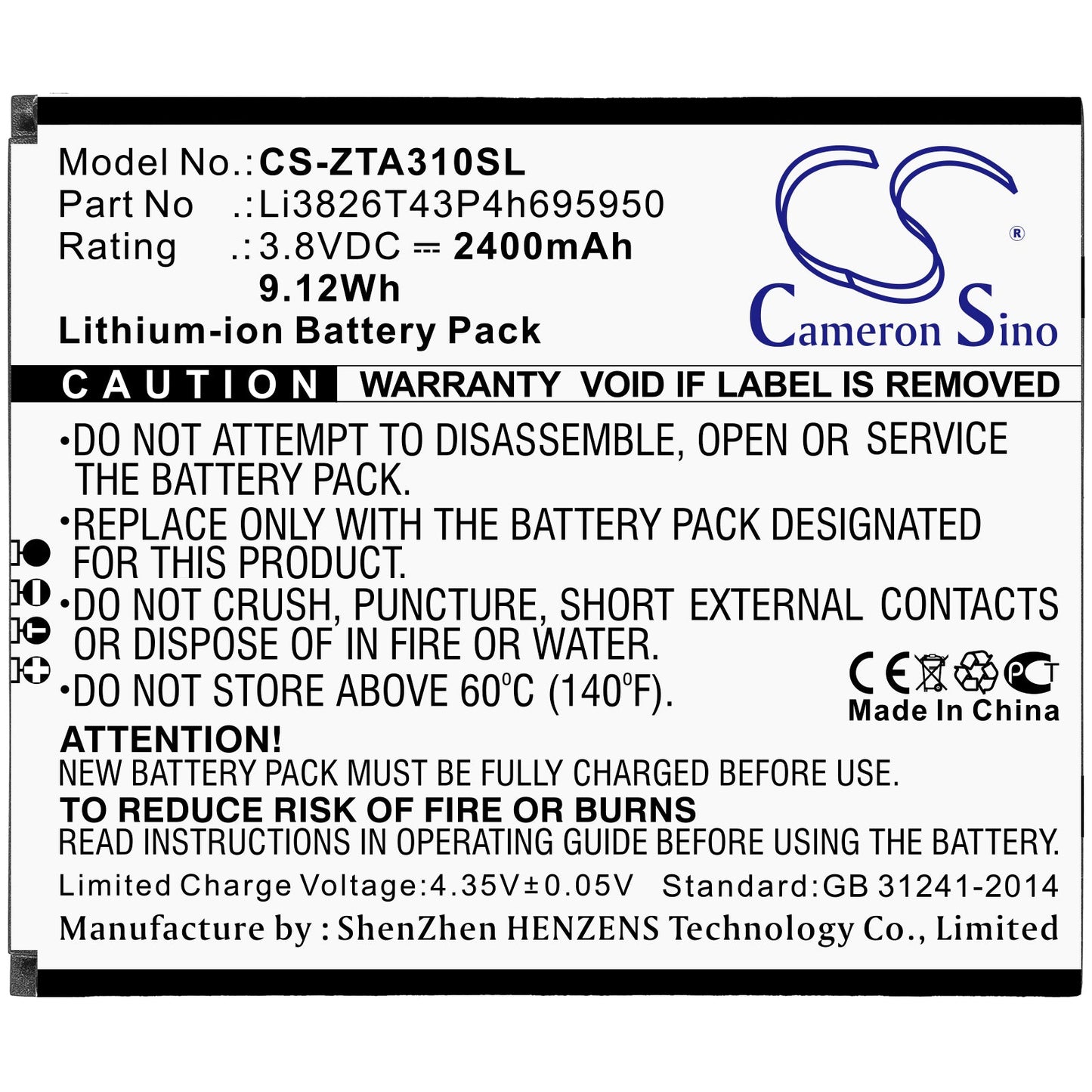 Replacement Battery for ZTE  Blade A3 2020 – Mobile, SmartPhone – 2400mAh / 9.12Wh / 3.8V