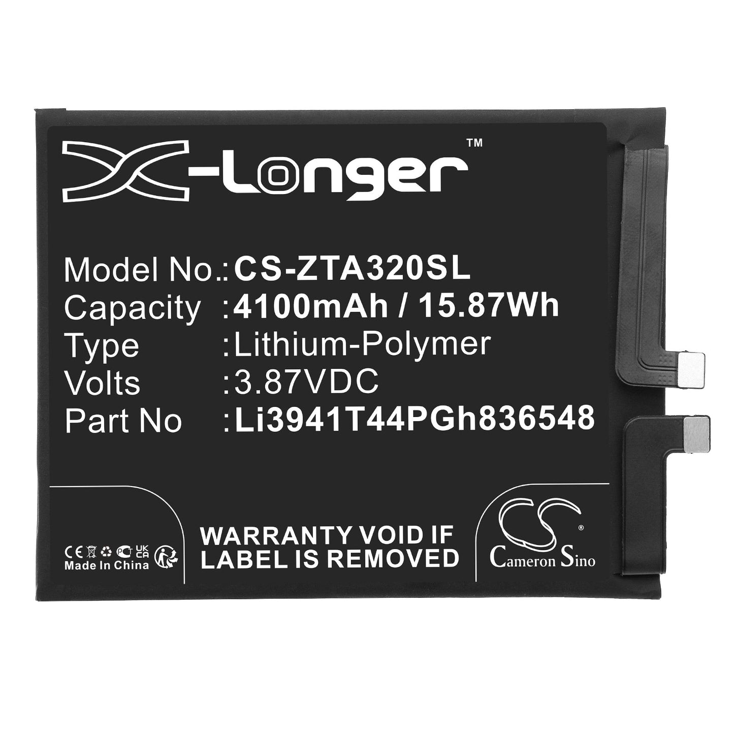 Replacement Battery for ZTE  A2322 – Mobile, SmartPhone – 4100mAh / 15.87Wh / 3.87V