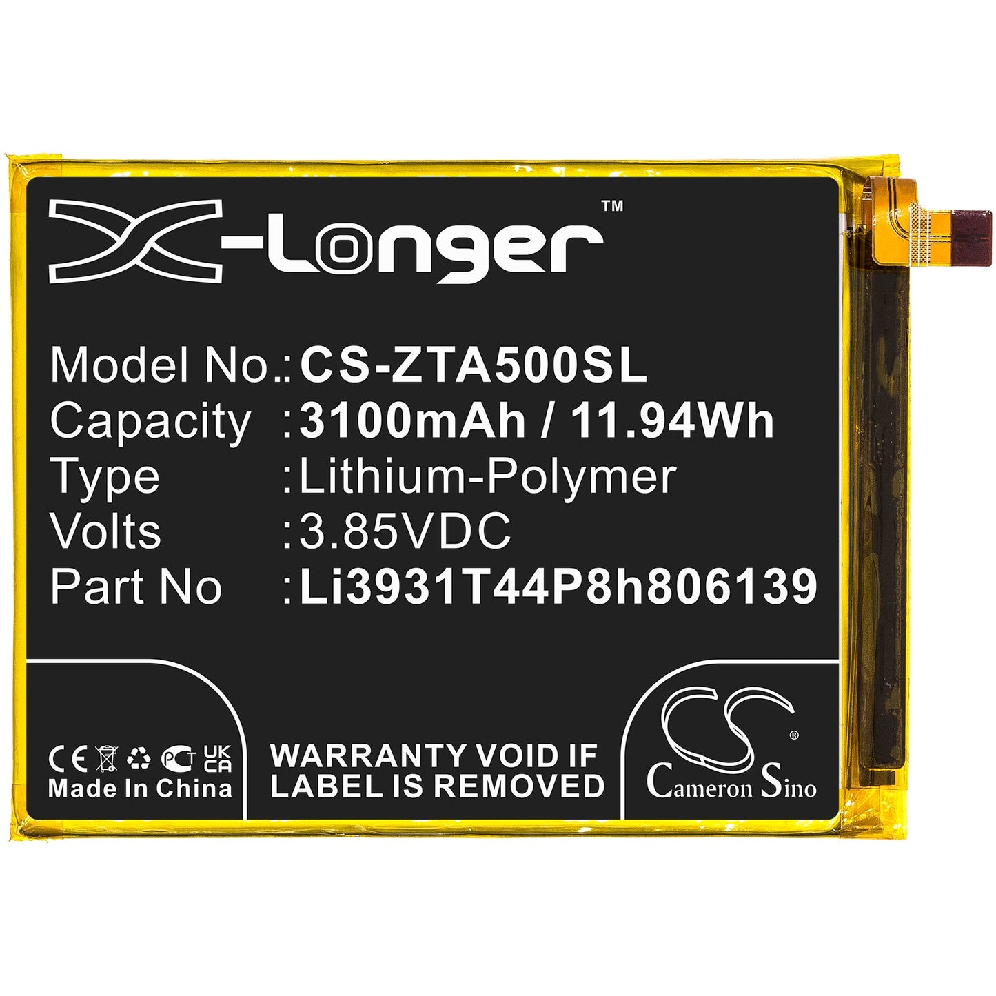 Replacement Battery for ZTE  Blade A5 2020 – Mobile, SmartPhone – 3100mAh / 11.94Wh / 3.85V