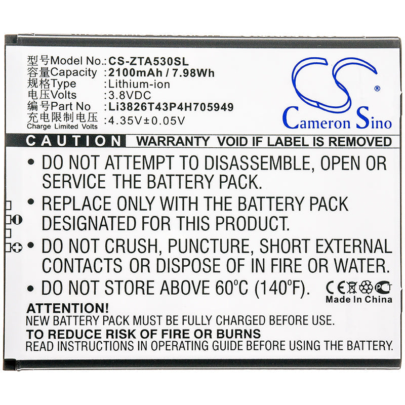 Replacement Battery for ZTE  BA530 – Mobile, SmartPhone – 2100mAh / 7.98Wh / 3.8V