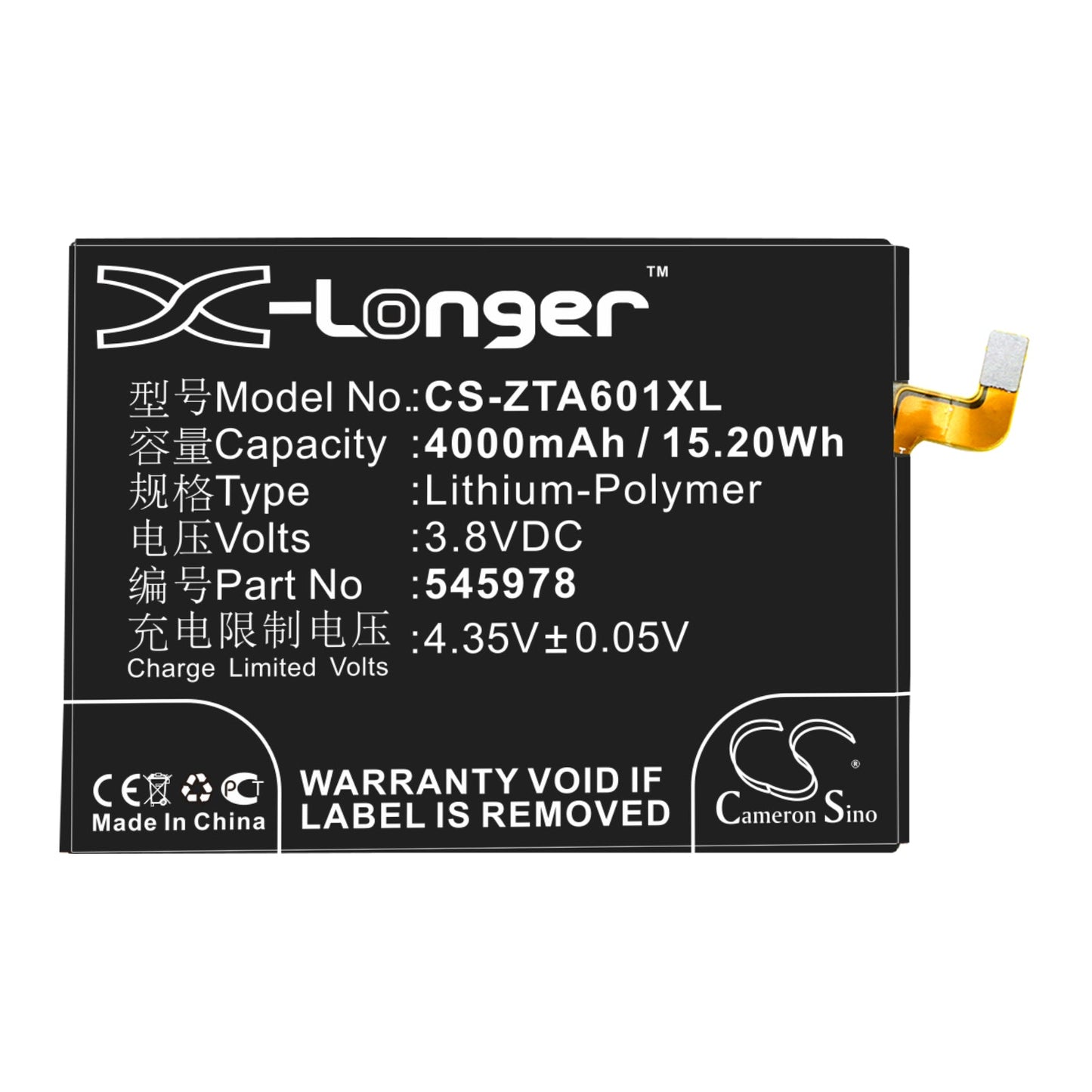 Replacement Battery for ZTE  BA601 – Mobile, SmartPhone – 4000mAh / 15.20Wh / 3.8V