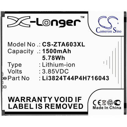 Replacement Battery for ZTE  602ZT – Mobile, SmartPhone – 1500mAh / 5.78Wh / 3.85V