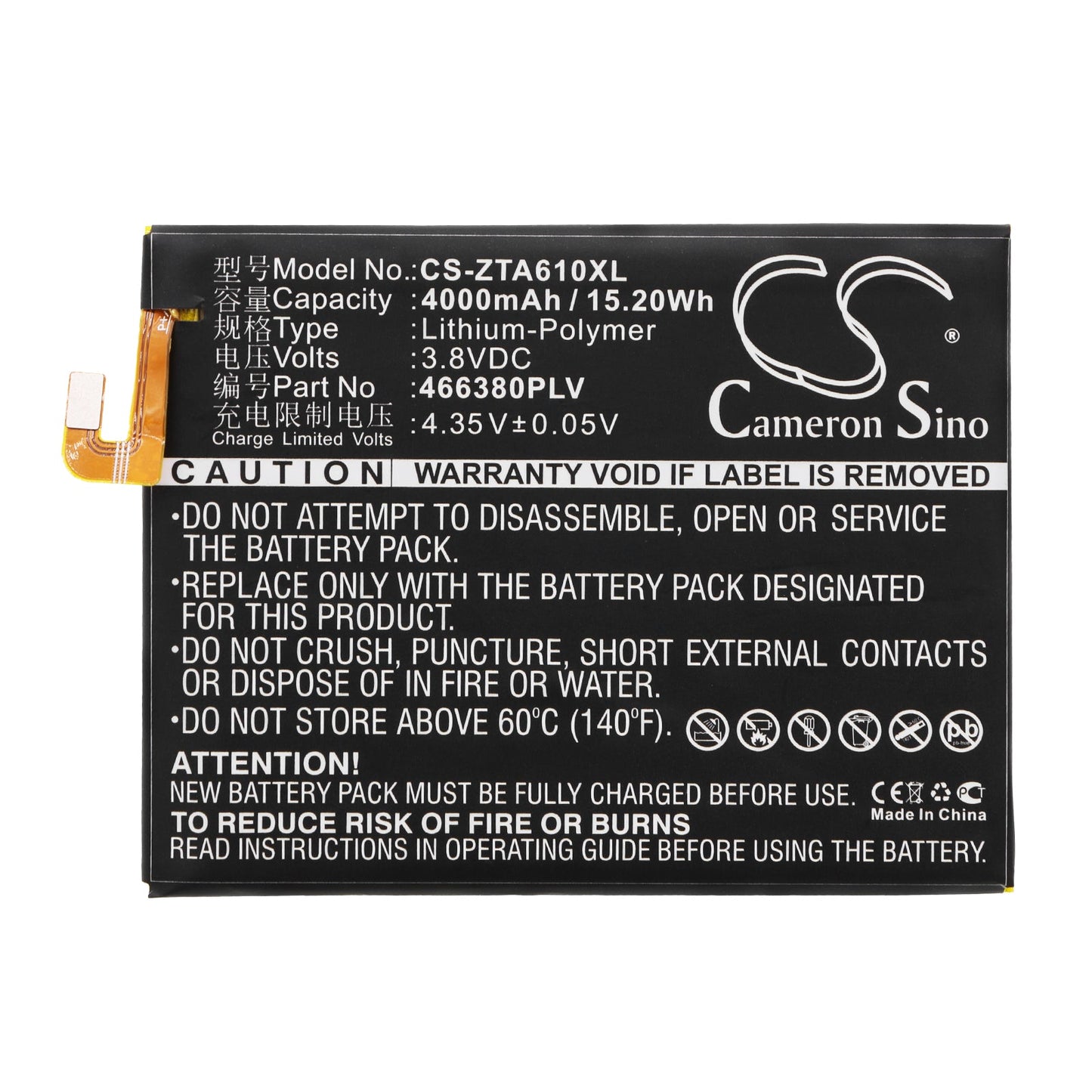 Replacement Battery for ZTE  BA610 – Mobile, SmartPhone – 4000mAh / 15.20Wh / 3.8V