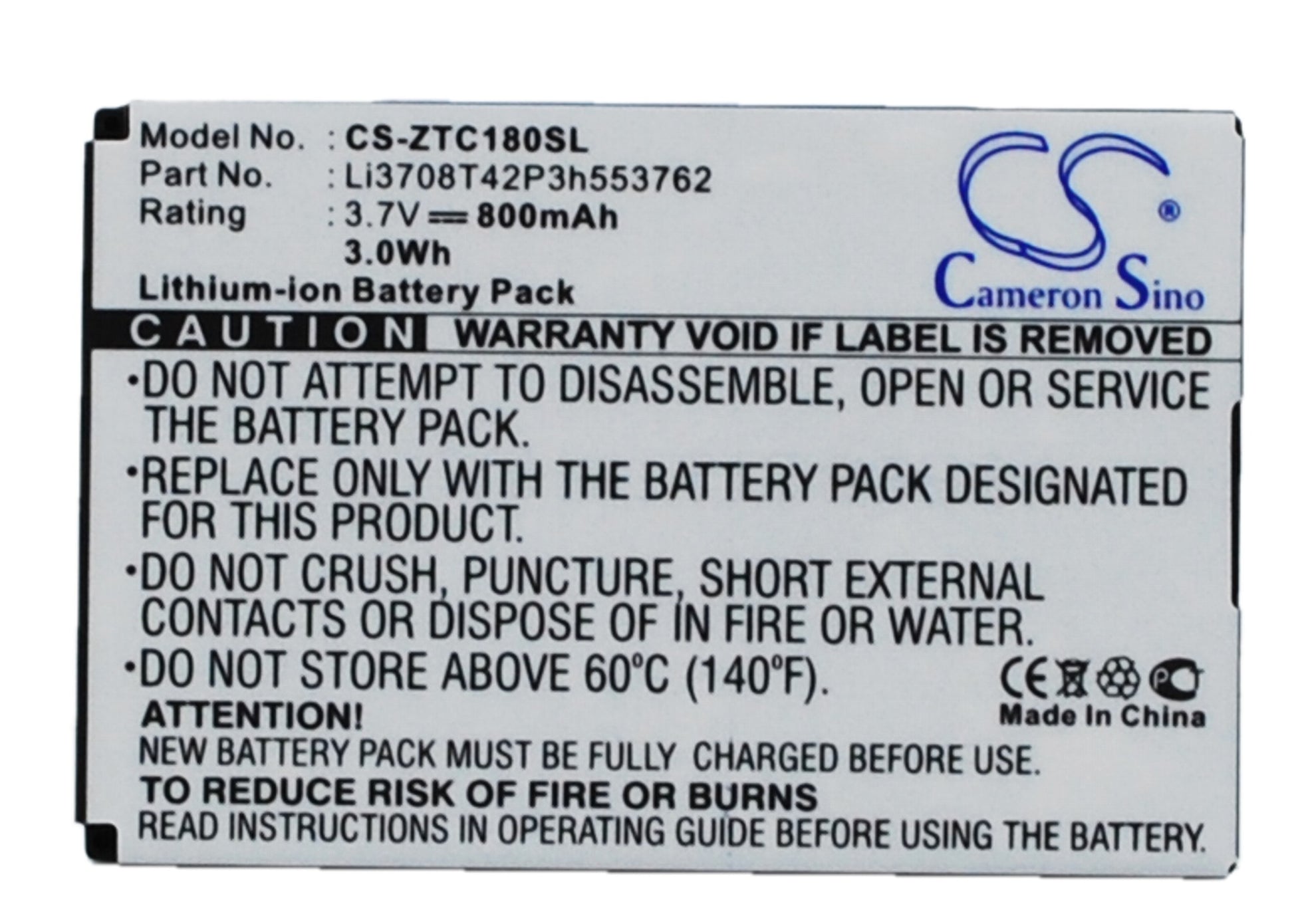 Replacement Battery for ZTE | Telstra C160 – Mobile, SmartPhone – 800mAh / 3.7V - image 1
