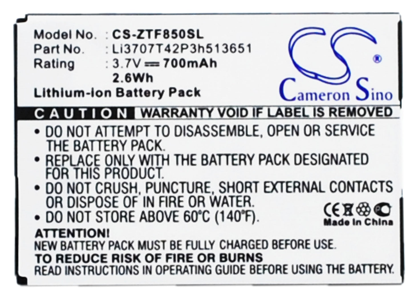 Replacement Battery for ZTE | Telstra F252 – Mobile, SmartPhone – 700mAh / 3.7V - image 1