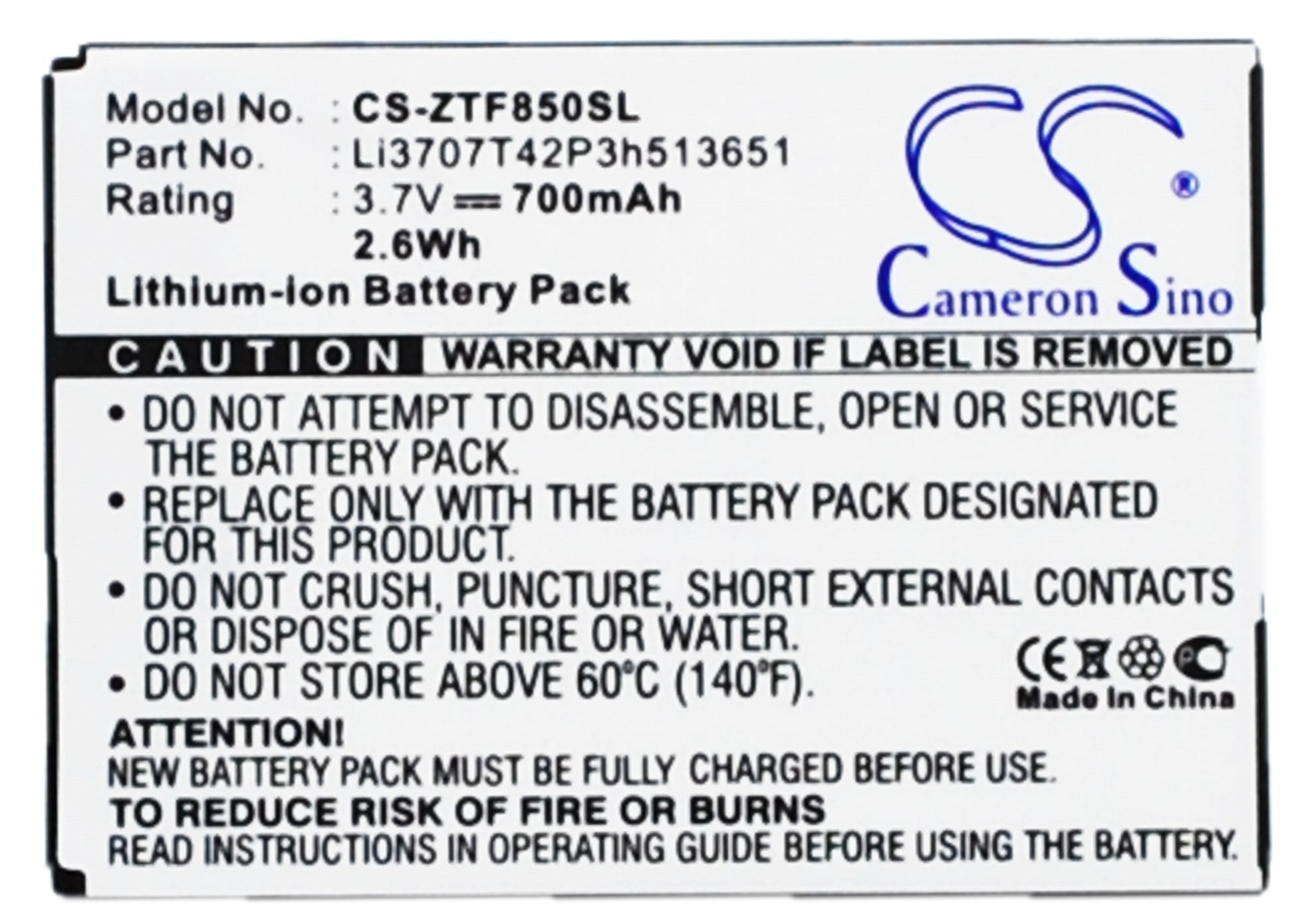 Replacement Battery for ZTE | Telstra F252 – Mobile, SmartPhone – 700mAh / 3.7V - image 1