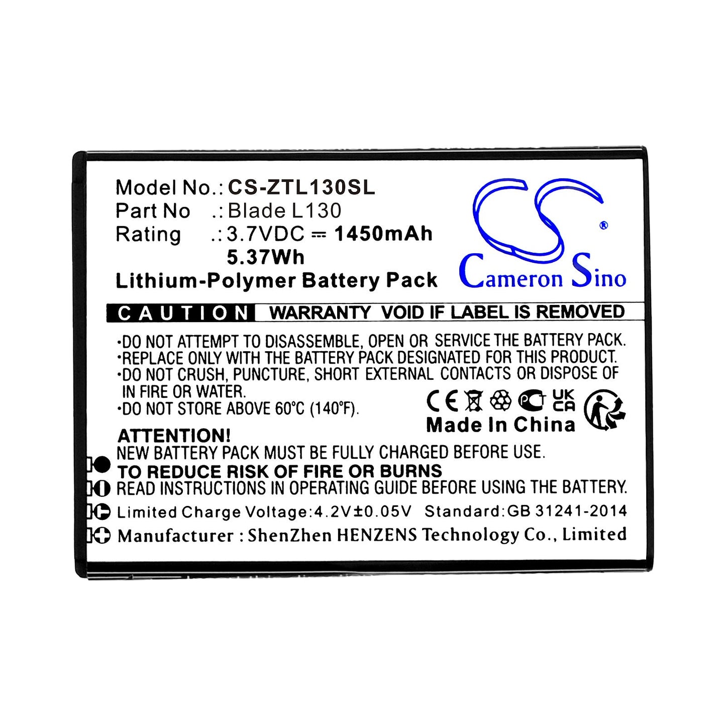 Replacement Battery for ZTE  Blade L130 – Mobile, SmartPhone – 1450mAh / 5.37Wh / 3.7V