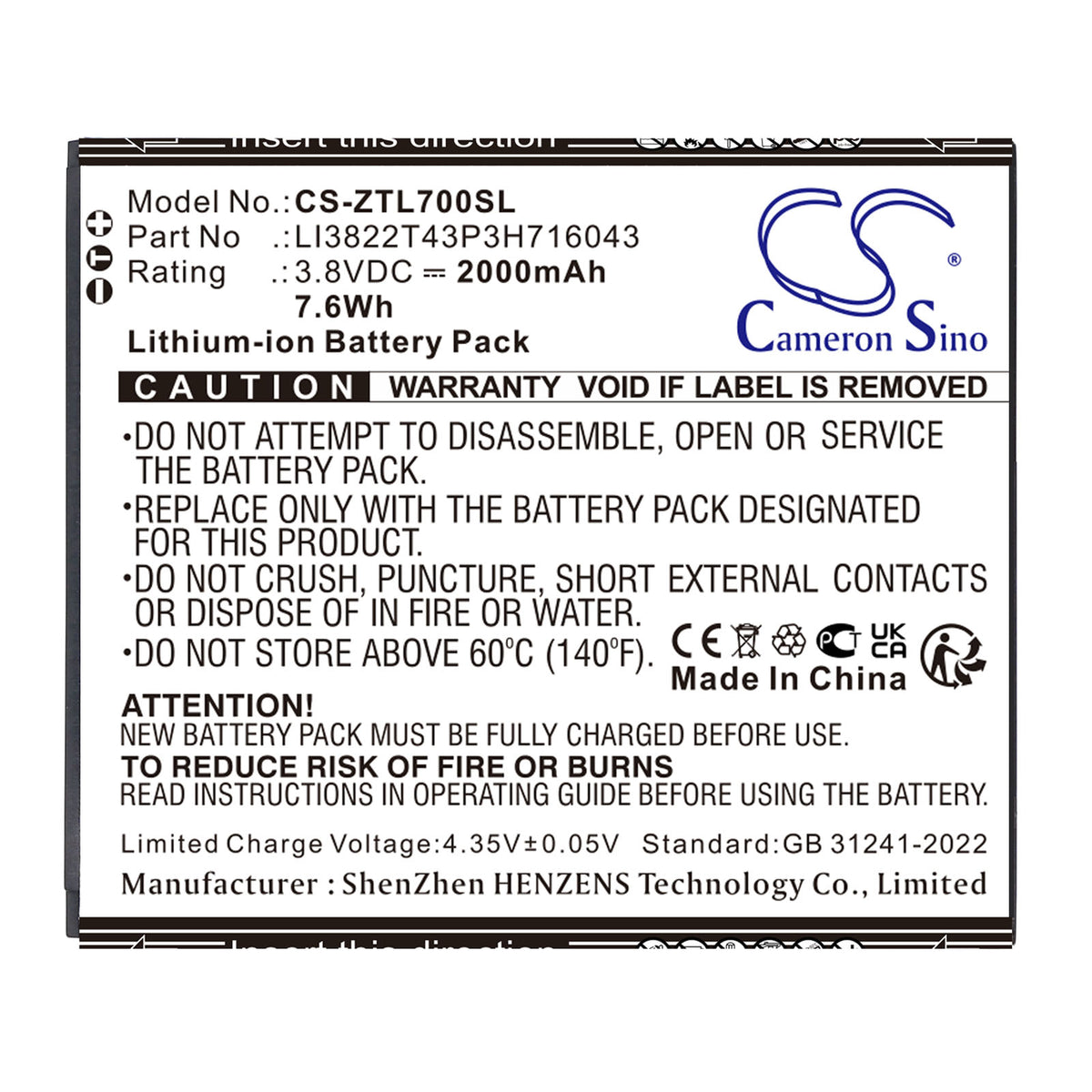 Replacement Battery for ZTE Blade A30 – Mobile, SmartPhone – 2000mAh / 3.8V