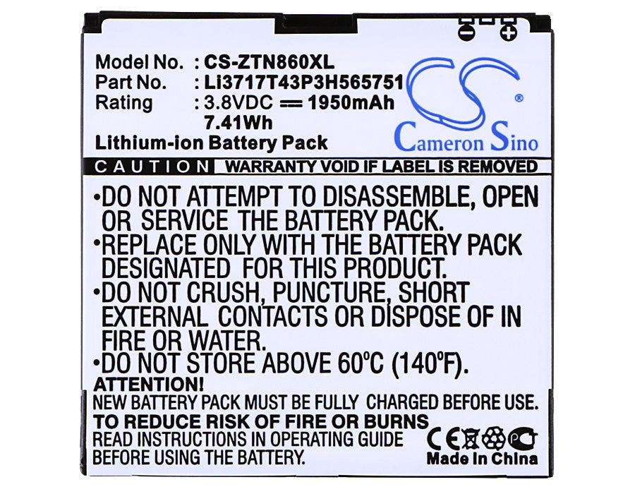 Replacement Battery for ZTE  N855D – Mobile, SmartPhone – 1950mAh / 7.41Wh / 3.8V