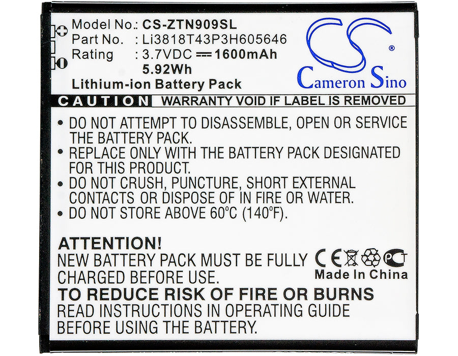 Replacement Battery for ZTE  N909 – Mobile, SmartPhone – 1600mAh / 5.92Wh / 3.7V