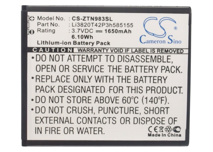 Replacement Battery for ZTE  N983 – Mobile, SmartPhone – 1650mAh/6.11Wh / 3.7V