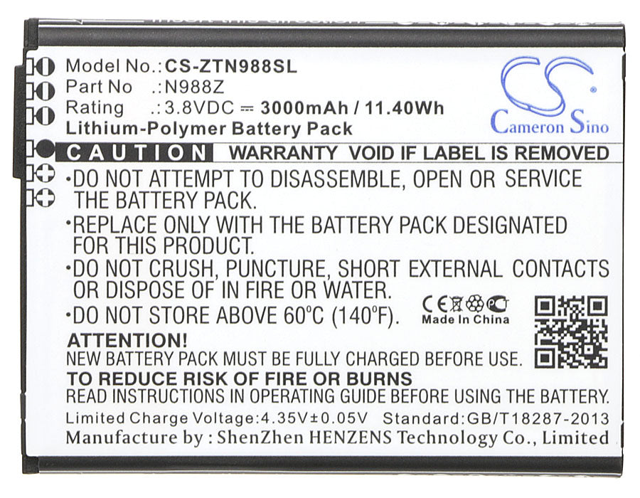 Replacement Battery for ZTE  N988Z – Mobile, SmartPhone – 3000mAh / 11.40Wh / 3.8V