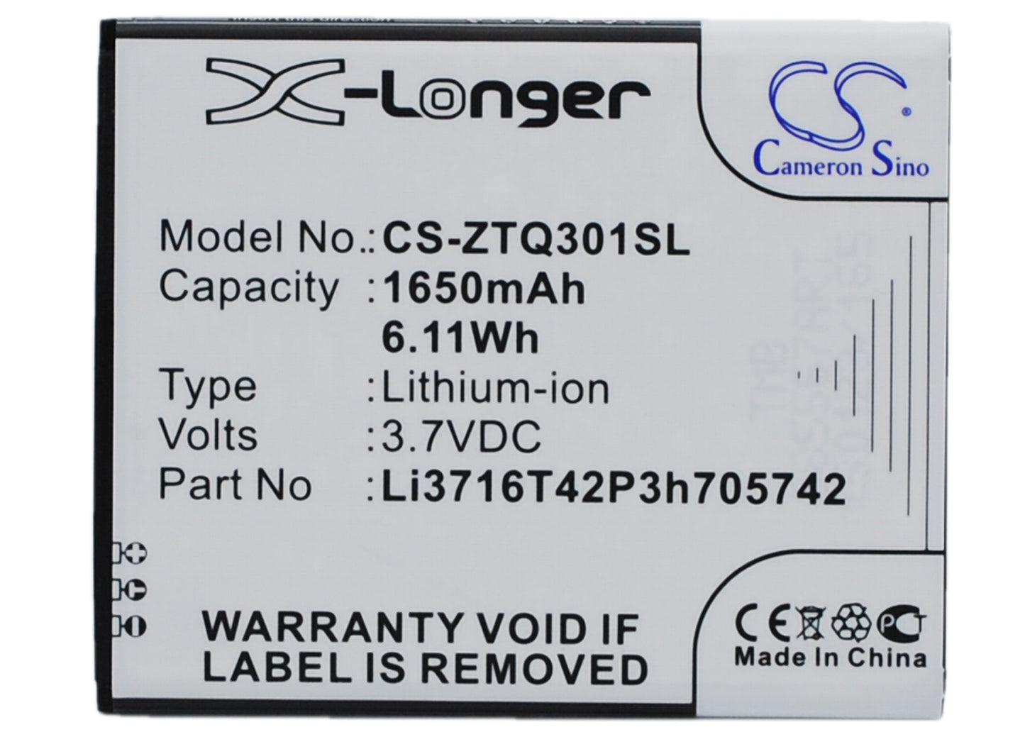 Replacement Battery for A+World | ZTE CG503 – Mobile, SmartPhone – 1650mAh / 3.7V - image 1