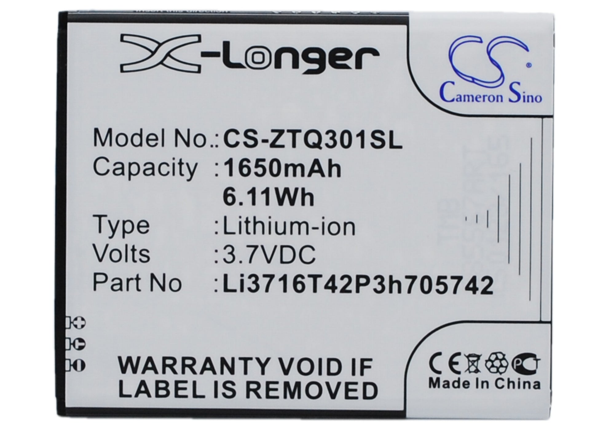 Replacement Battery for A+World | ZTE CG503 – Mobile, SmartPhone – 1650mAh / 3.7V - image 1