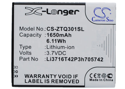Replacement Battery for A+World | ZTE CG503 – Mobile, SmartPhone – 1650mAh / 3.7V - image 1