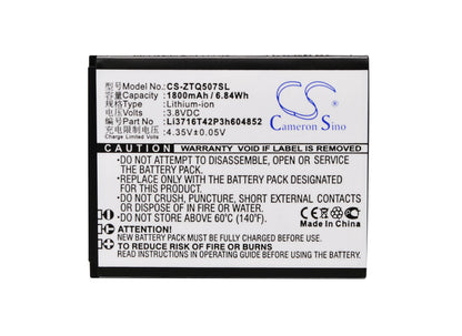 Replacement Battery for ZTE  Q507T – Mobile, SmartPhone – 1800mAh / 6.84Wh / 3.8V