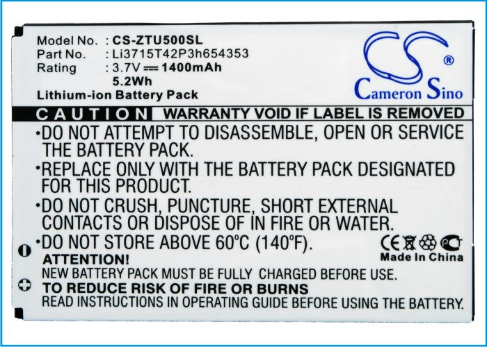 Replacement Battery for ZTE  E760 – Mobile, SmartPhone – 1400mAh/5.2Wh / 3.7V