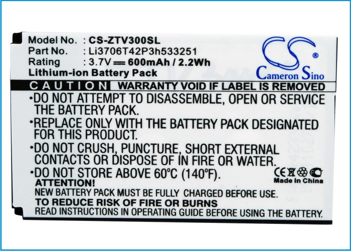 Replacement Battery for ZTE  V190 – Mobile, SmartPhone – 600mAh / 3.7V