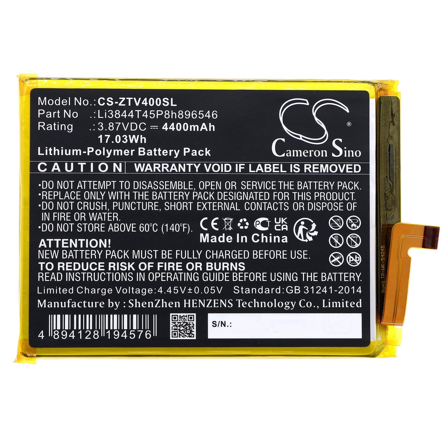Replacement Battery for ZTE  Axon 40 SE – Mobile, SmartPhone – 4400mAh / 17.03Wh / 3.87V