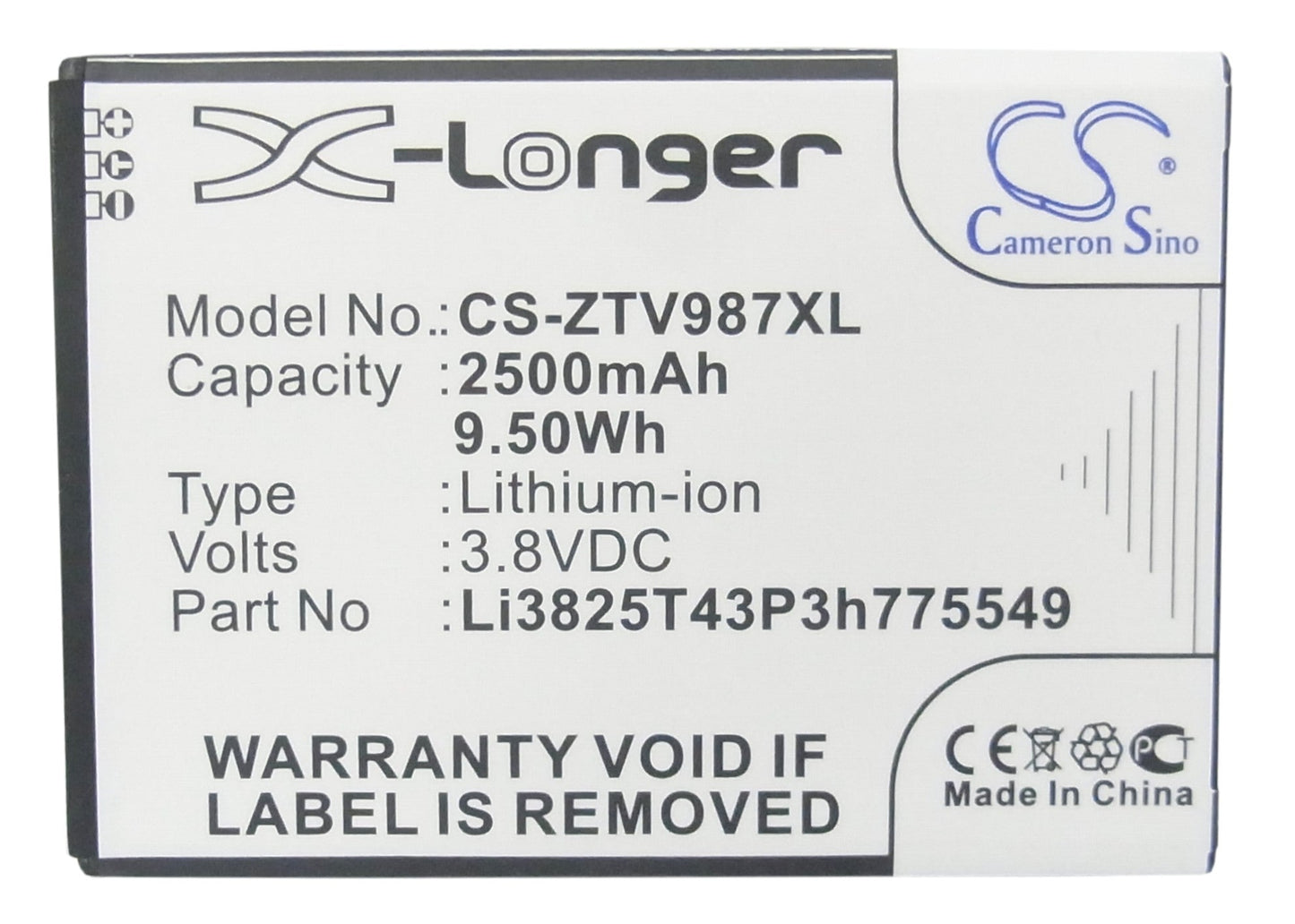 Replacement Battery for ZTE  Grand X Quad – Mobile, SmartPhone – 2500mAh / 9.50Wh / 3.8V