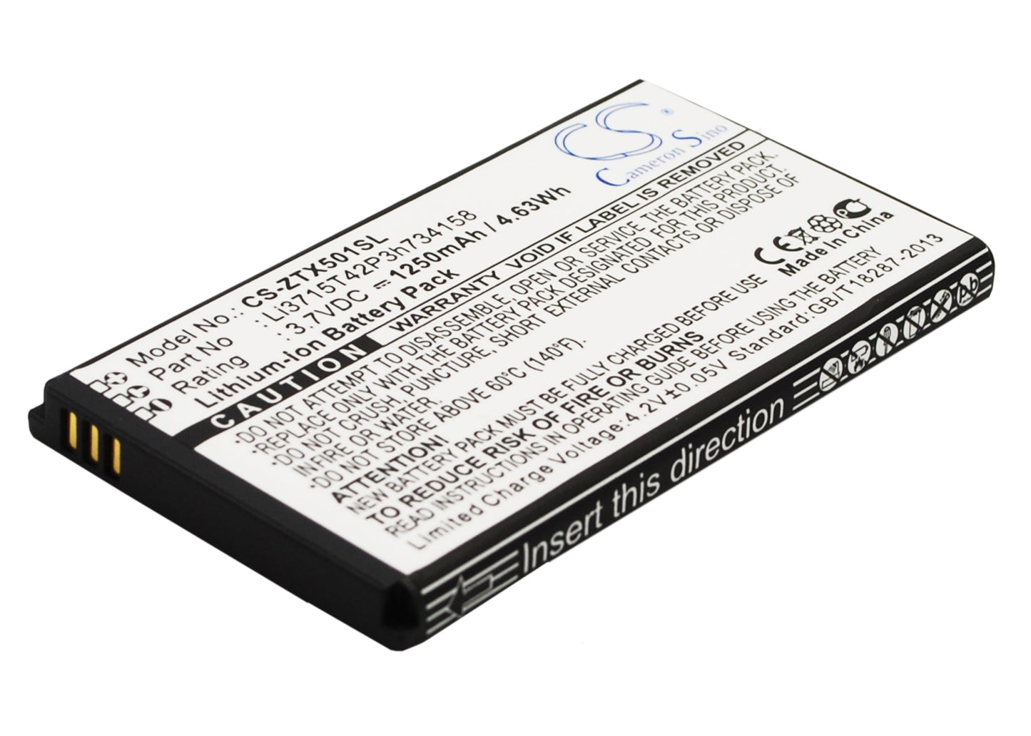 Replacement Battery for ZTE  Score M – Mobile, SmartPhone – 1250mAh / 4.63Wh / 3.7V