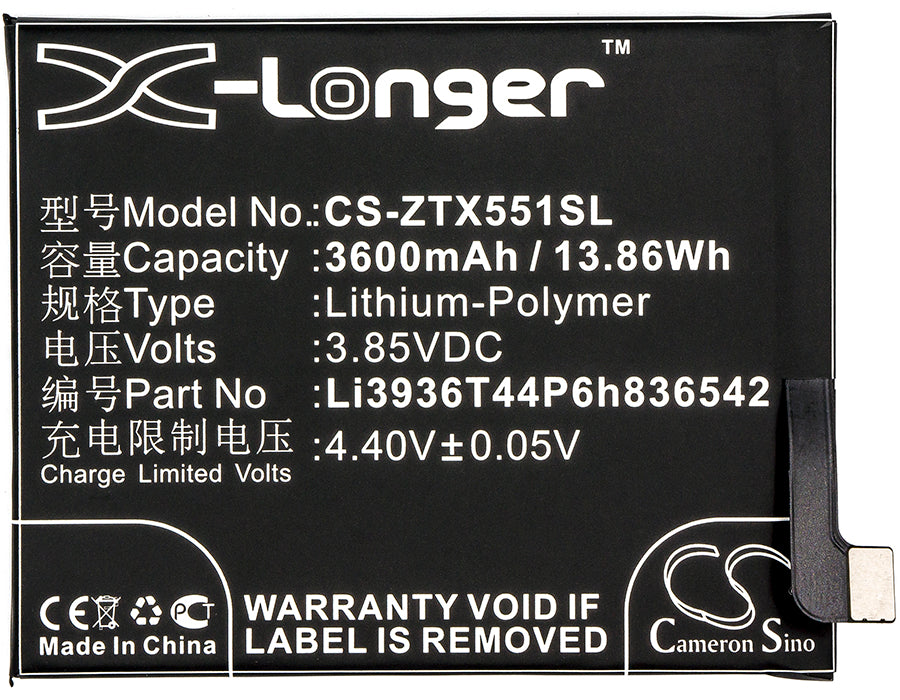 Replacement Battery for ZTE  Nubia M2 – Mobile, SmartPhone – 3600mAh / 13.86Wh / 3.85V