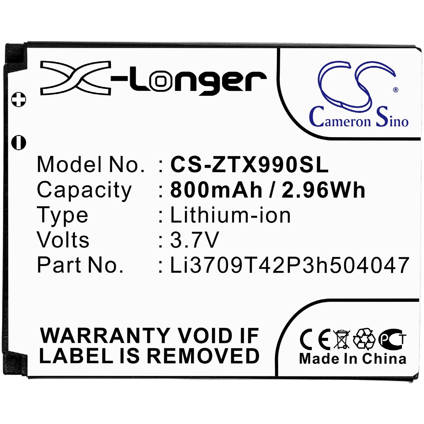 Replacement Battery for ZTE  Altair 2 – Mobile, SmartPhone – 800mAh / 2.96Wh / 3.7V