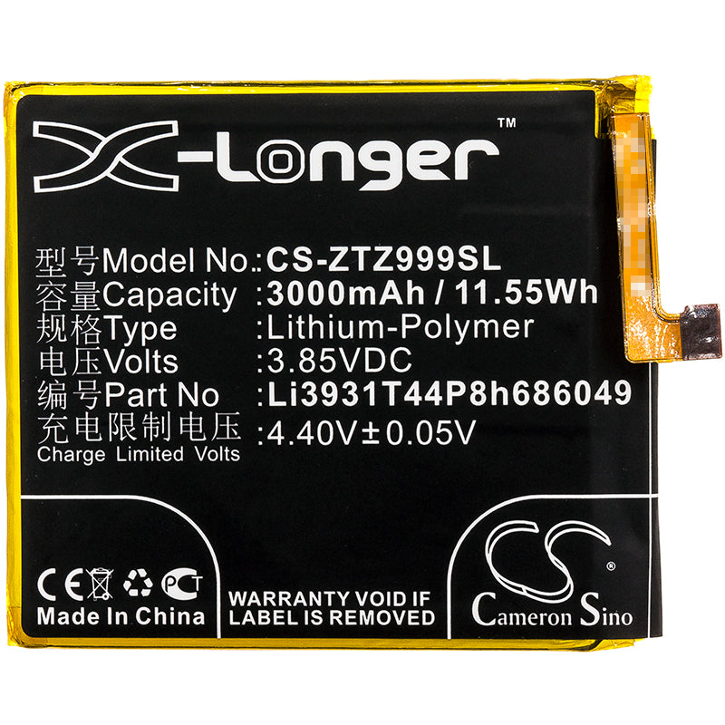 Replacement Battery for ZTE  Axon M – Mobile, SmartPhone – 3000mAh / 11.55Wh / 3.85V